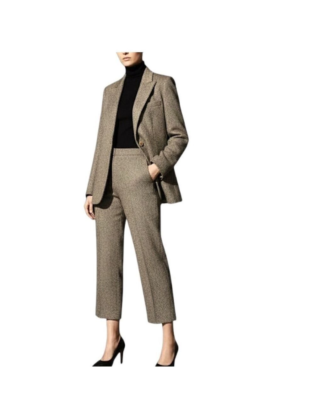 Vintage wool silk black tan tweed herringbone old money blazer trouser suit 12